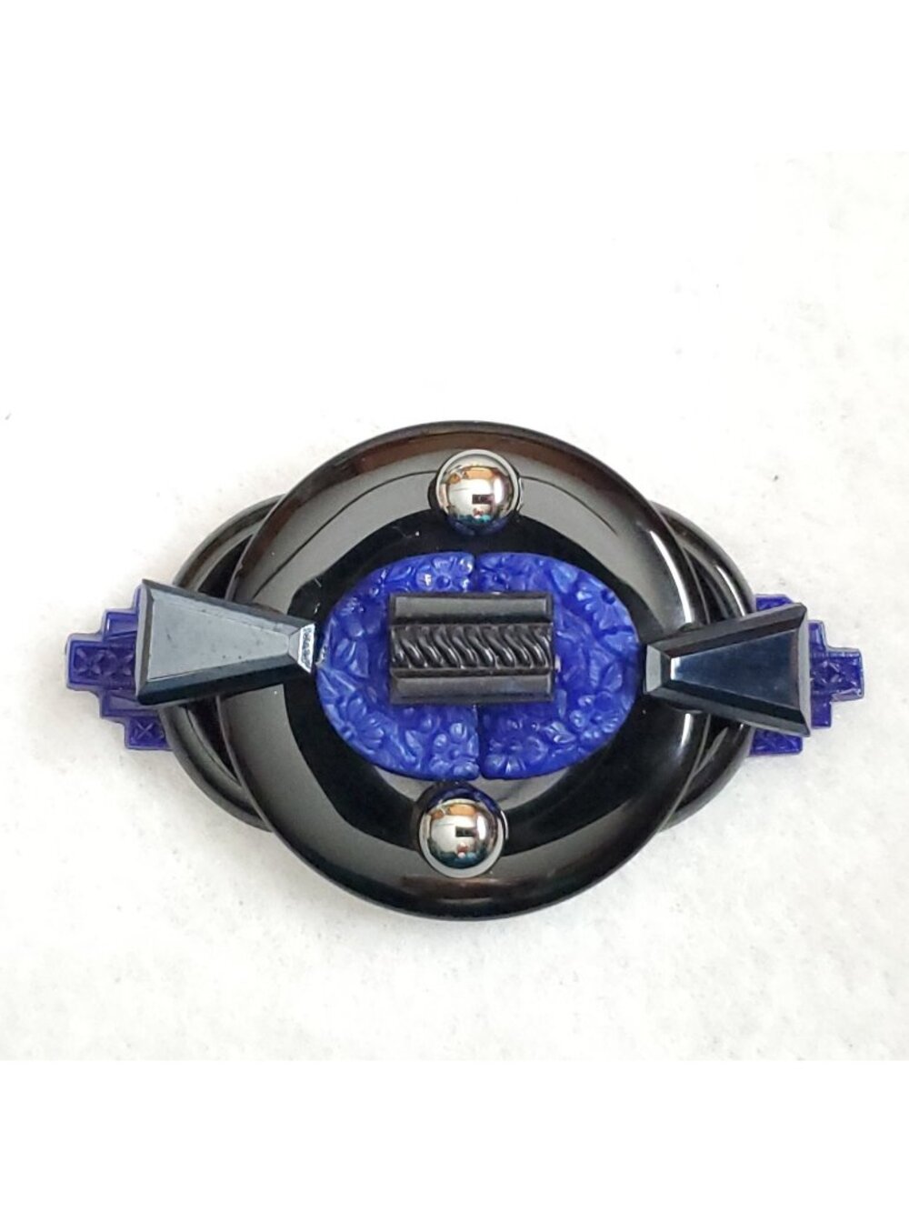 Vintage Brooch Glass Brooch Art Deco Revival Artisan Black Blue 3.25"
